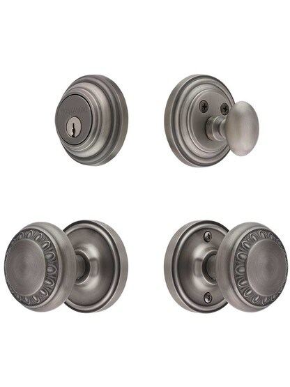 Classic Rosette Entry Set, Keyed Alike with Ovolo Knobs in Antique Pewter.